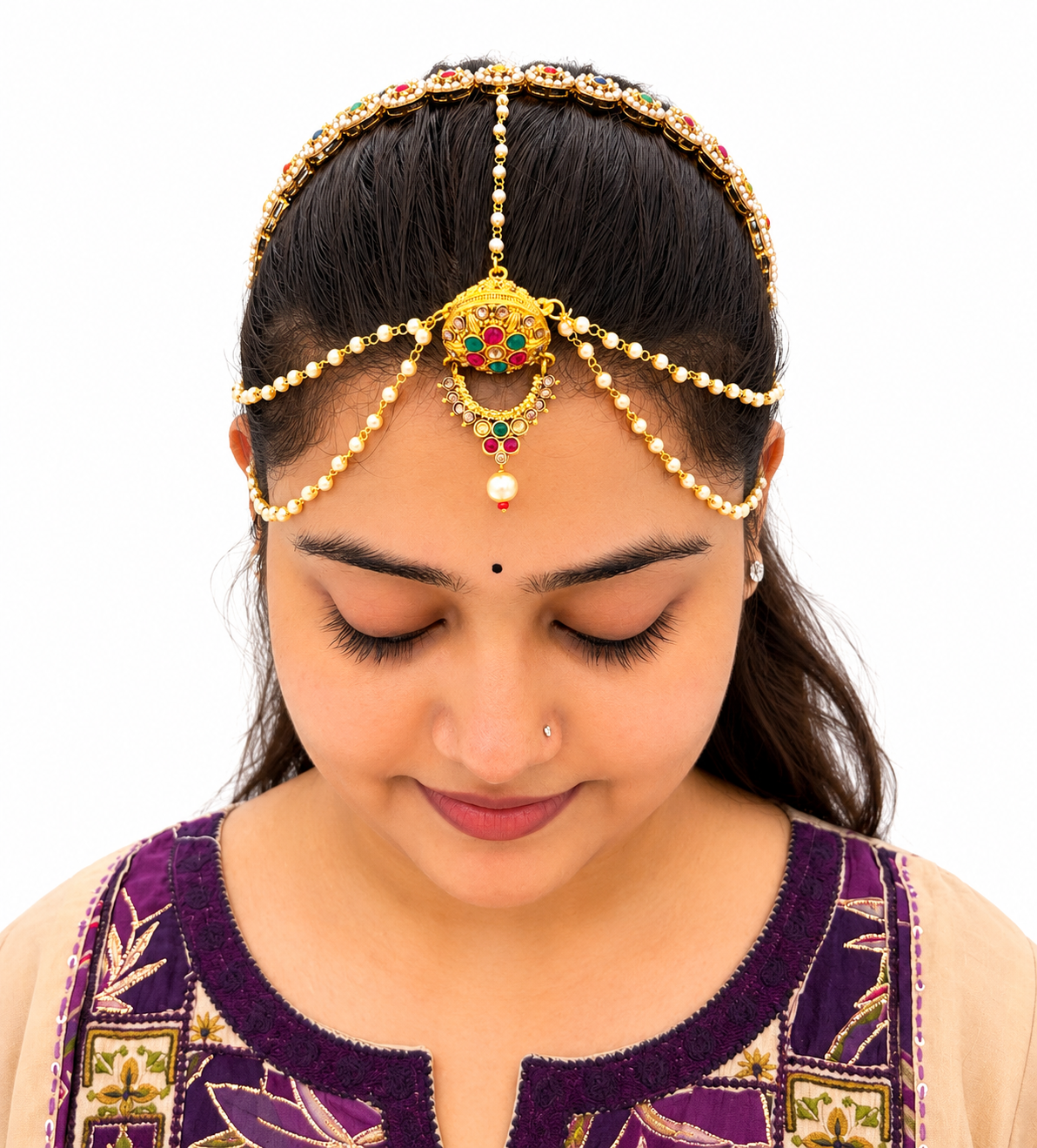 Multicolour Kundan Matha Patti with Pearl Chain – Bridal Head Jewellery