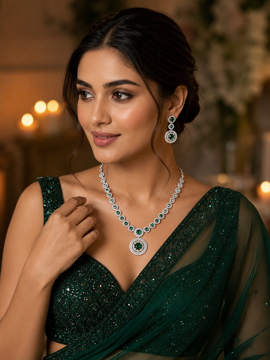 Emerald Solitaire AD Pendant Necklace Set with Earrings