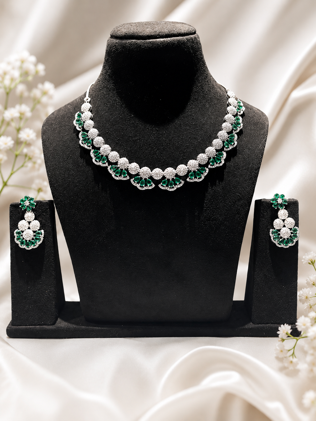 Emerald Floral AD Necklace Set with Earrings