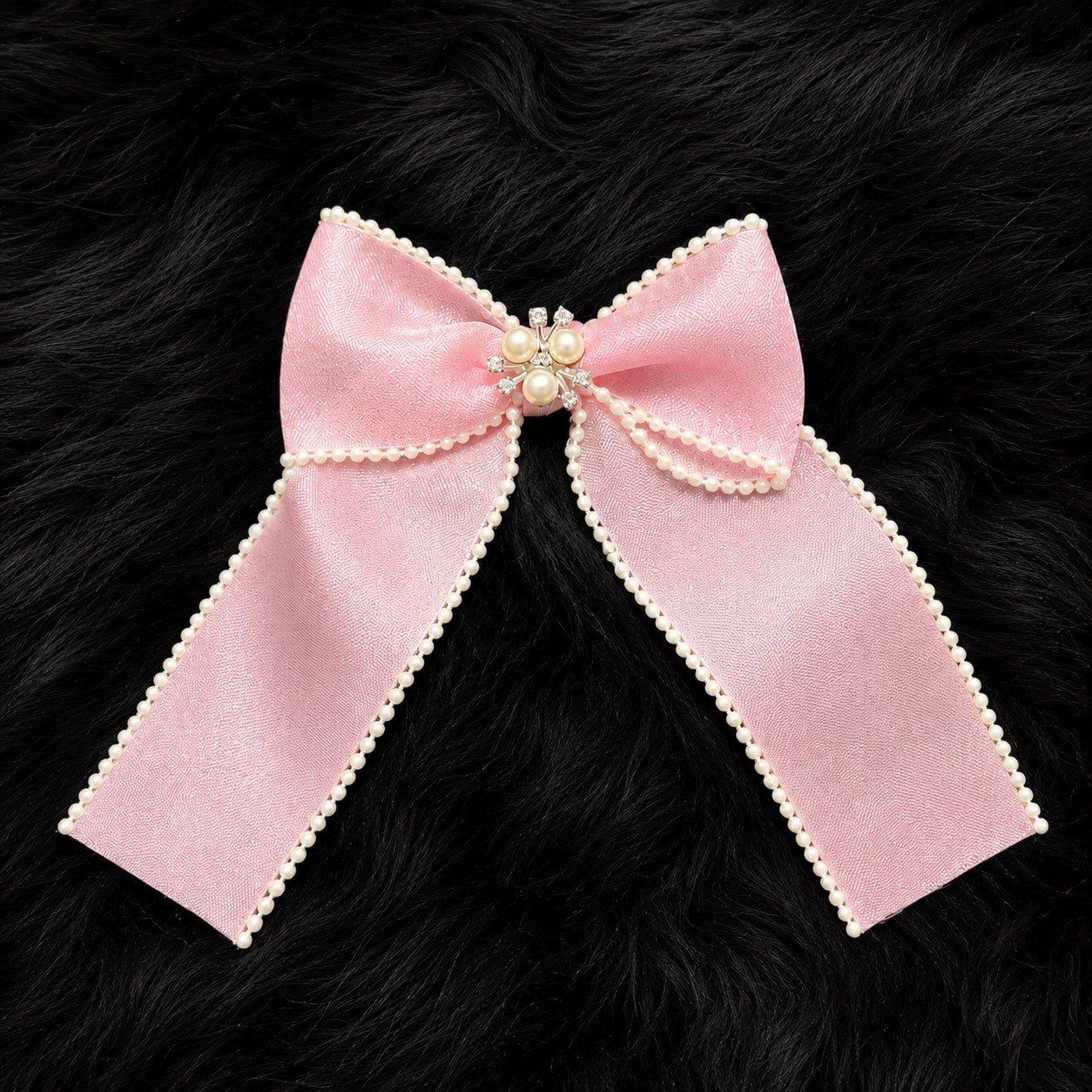 Pink Pearl Bow Hair Clip with Crystal Centre