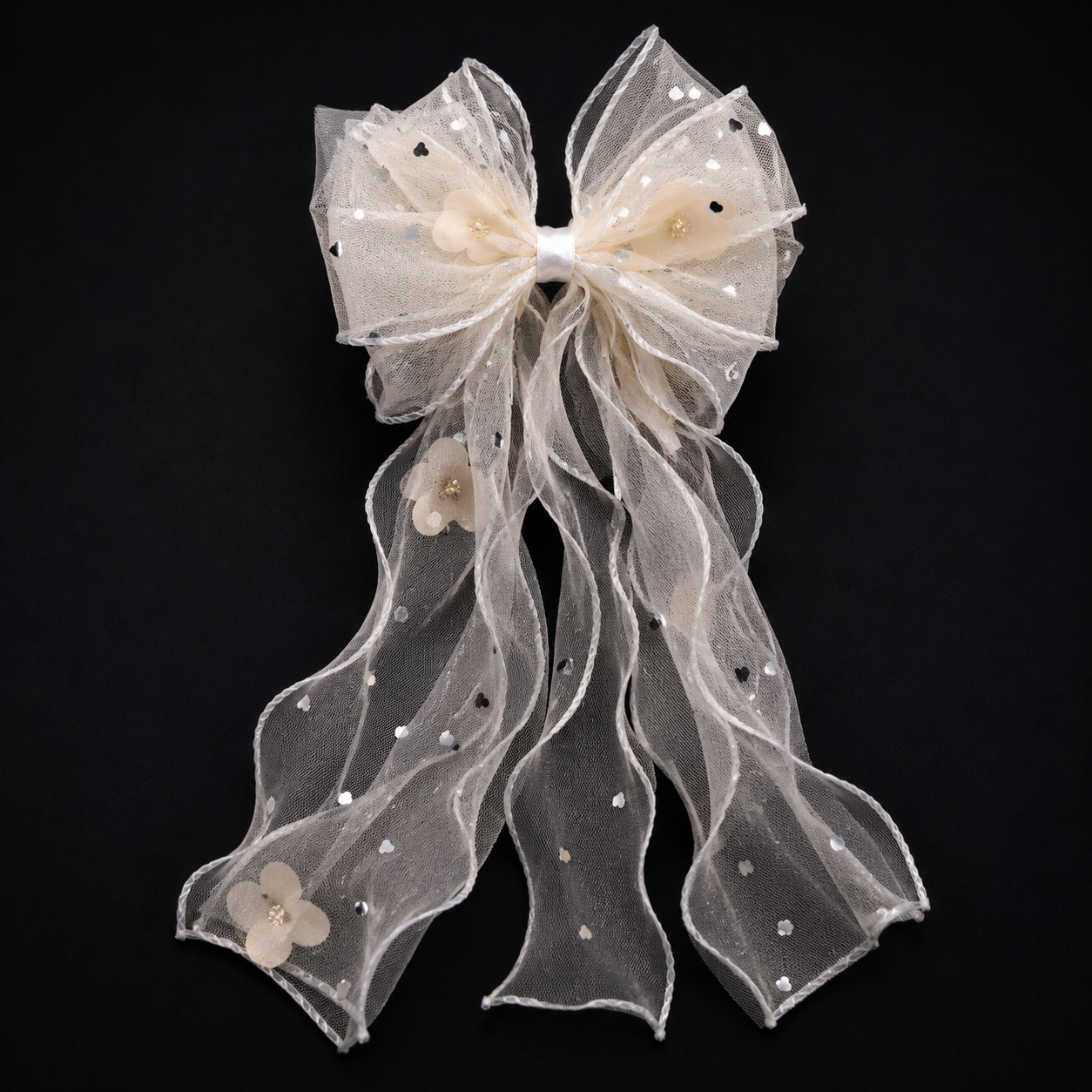 Elegant Organza Bow Hair Clip with Floral Details