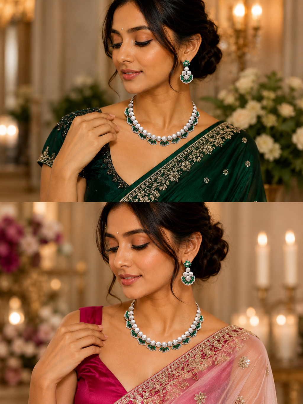 Emerald Floral AD Necklace Set with Earrings