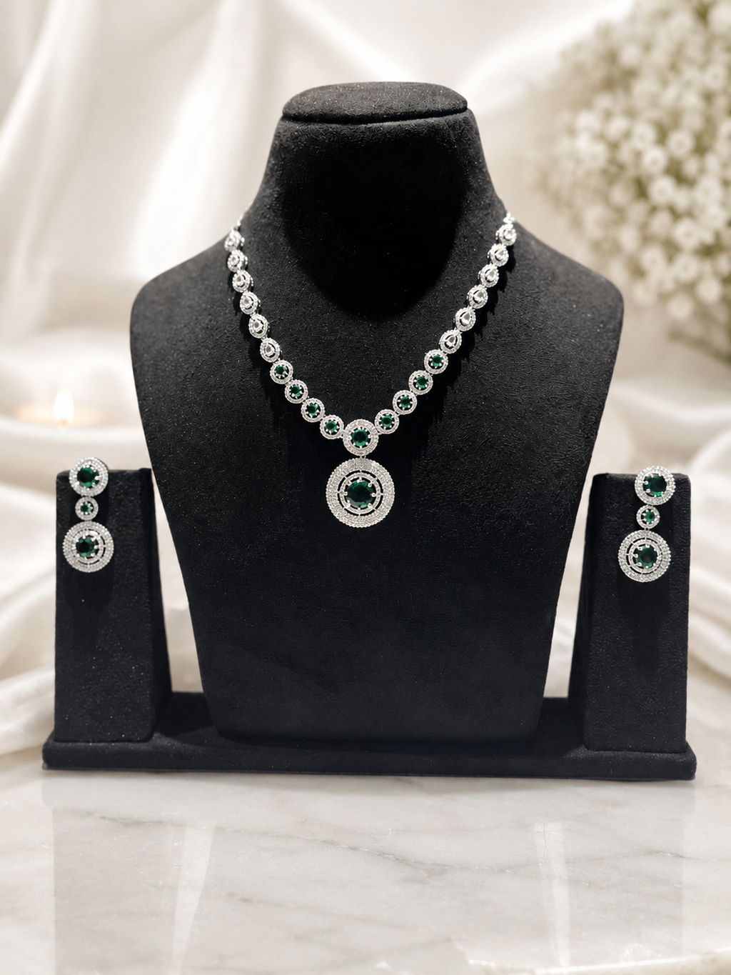 Emerald Solitaire AD Pendant Necklace Set with Earrings