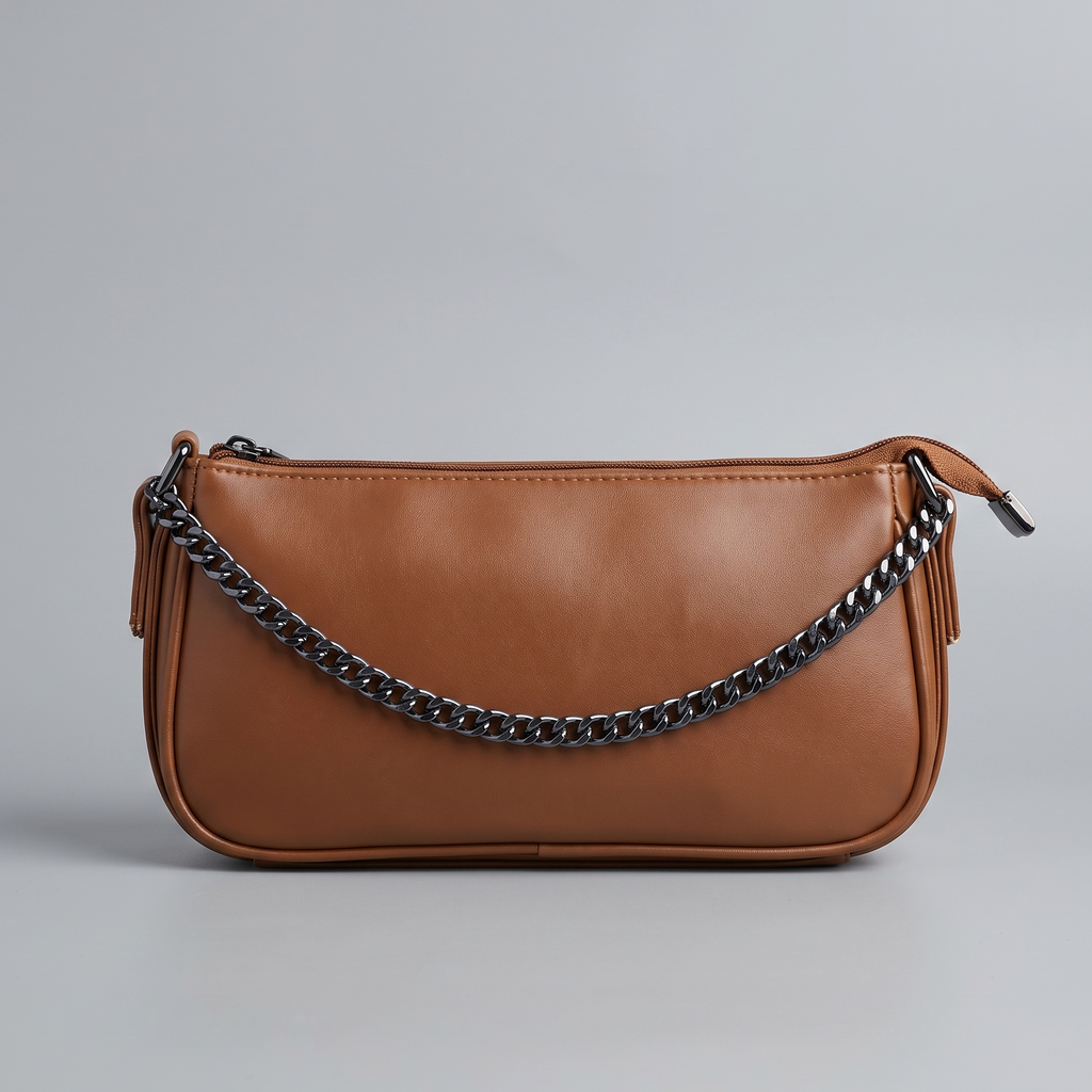 Elegant Tan Baguette Shoulder Bag with Chain