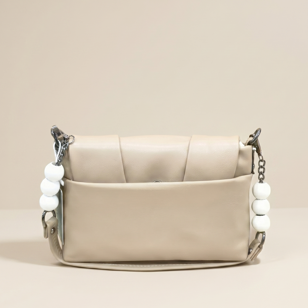 Minimalist Beige Pleated Shoulder Bag with Statement Beaded Strap