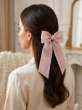 Blush Pink Pearl-Trimmed Satin Bow Hair Clip with Crystal Centre