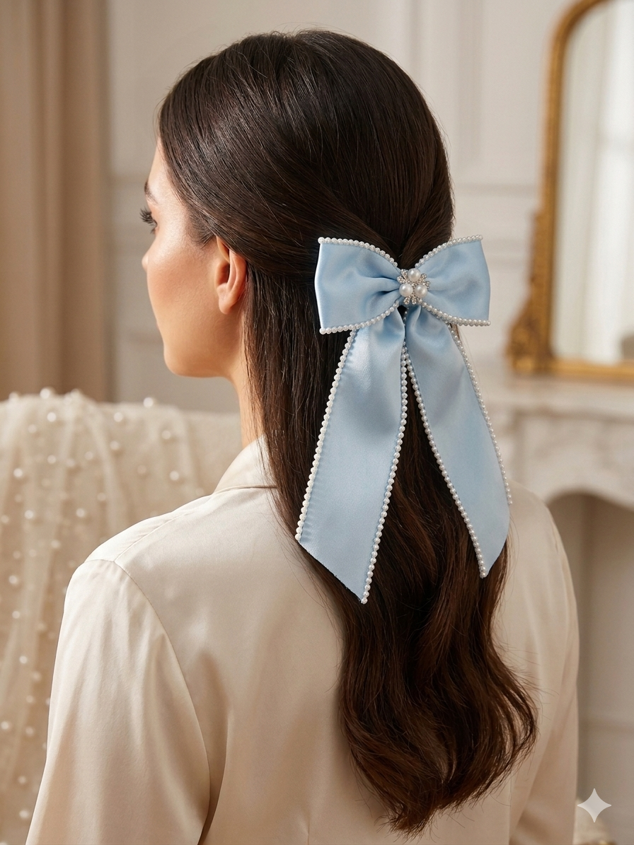 Sky Blue Pearl-Trimmed Satin Bow Hair Clip with Crystal Centre