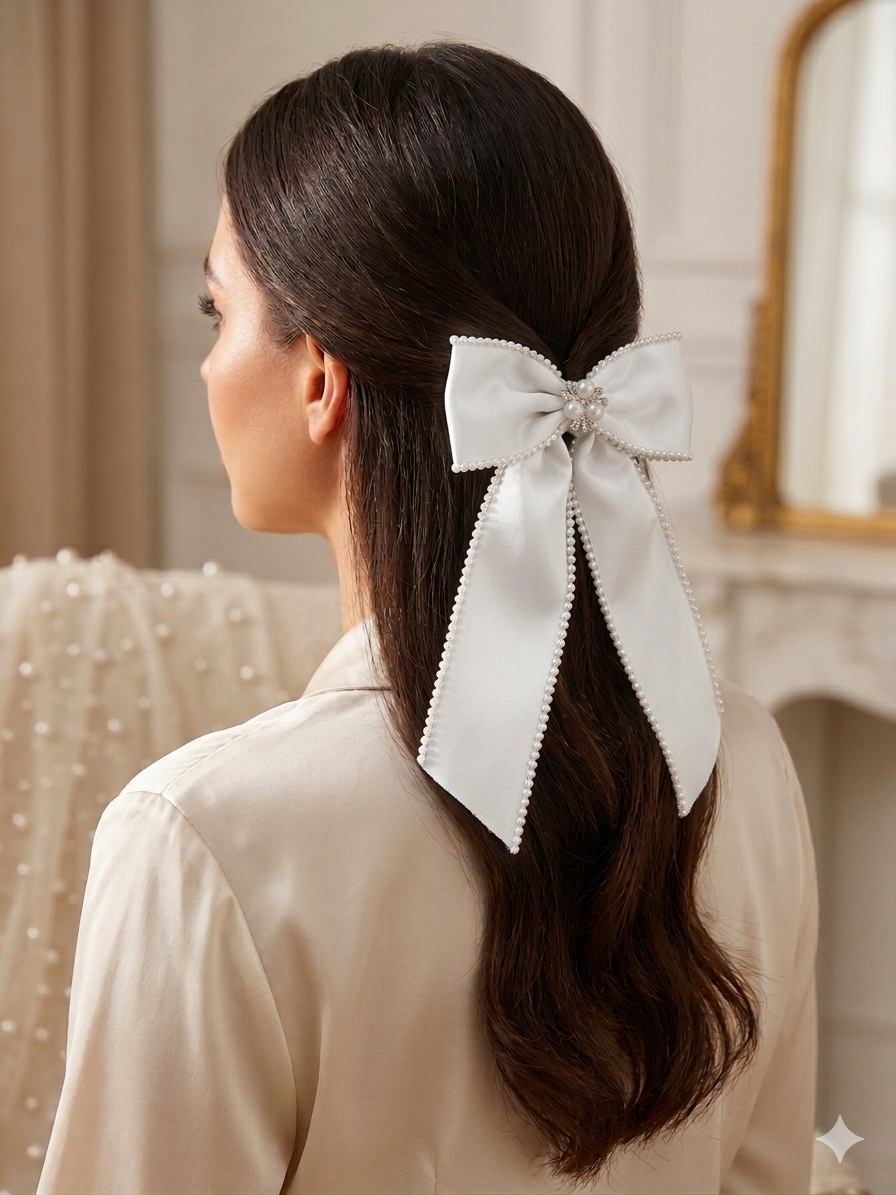 Pearl-Trimmed Satin Bow Hair Clip with Crystal Centre