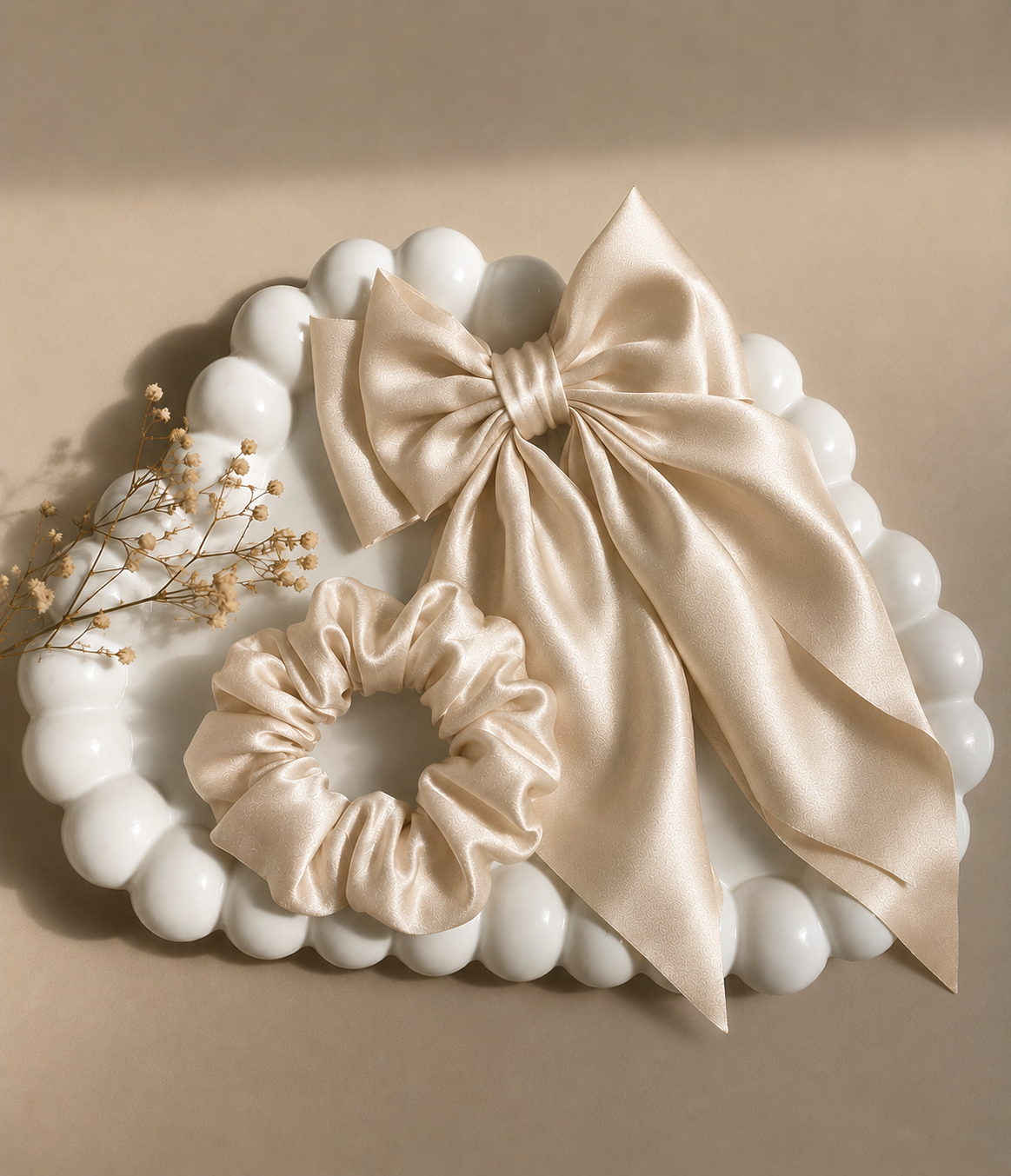 Champagne Satin Bow Clip & Scrunchie Set