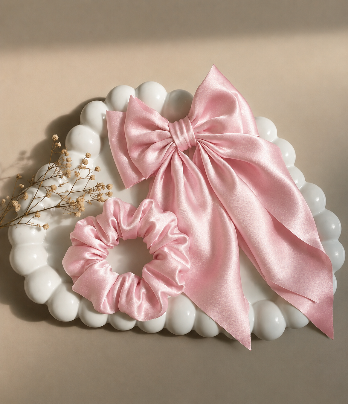 Baby Pink Satin Bow Clip & Scrunchie Set