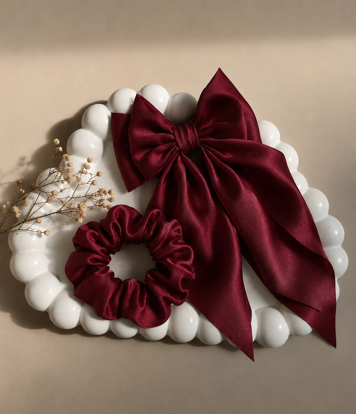 Burgundy Satin Bow Clip & Scrunchie Set