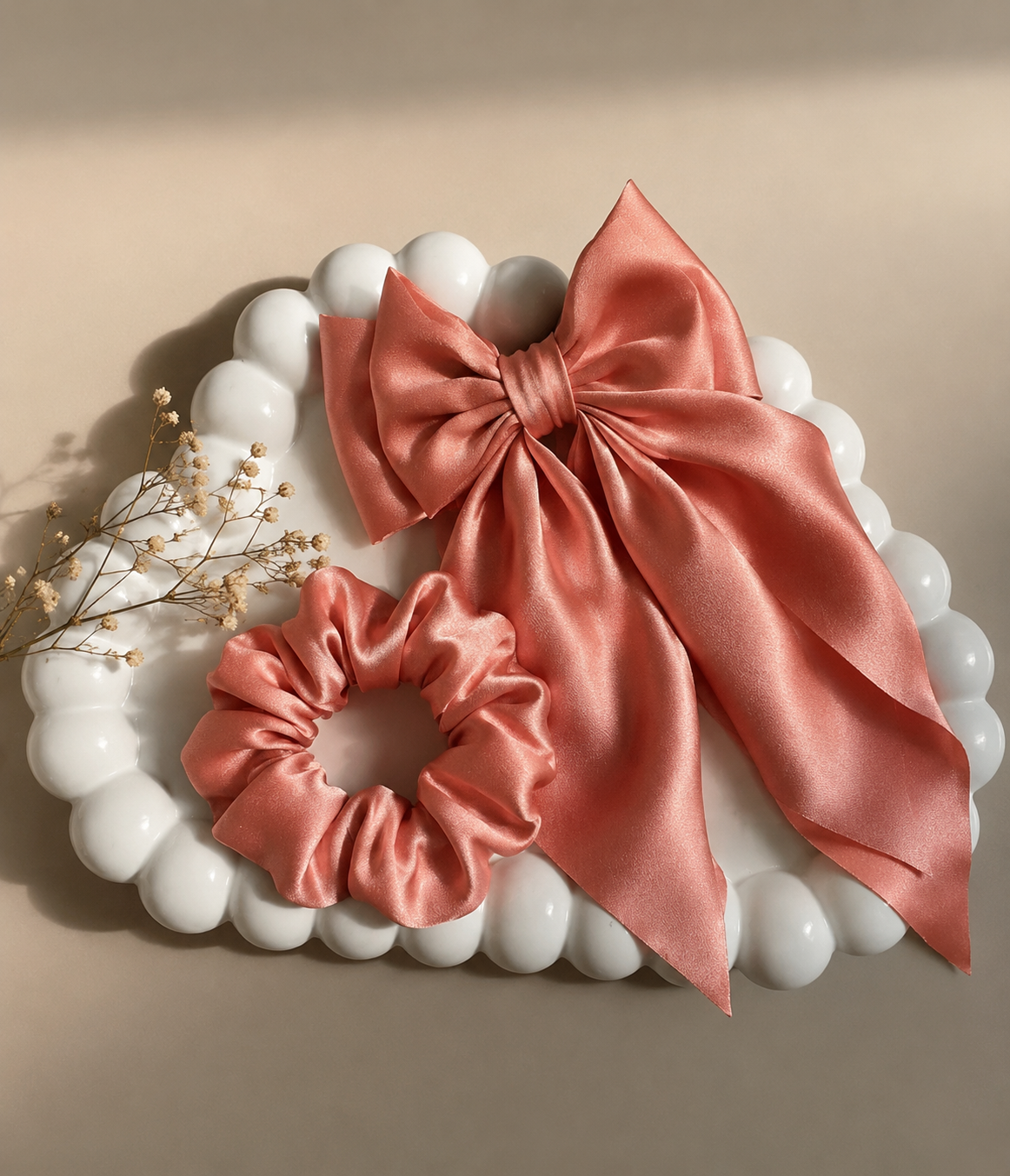 Dusty Rose Satin Bow Clip & Scrunchie Set