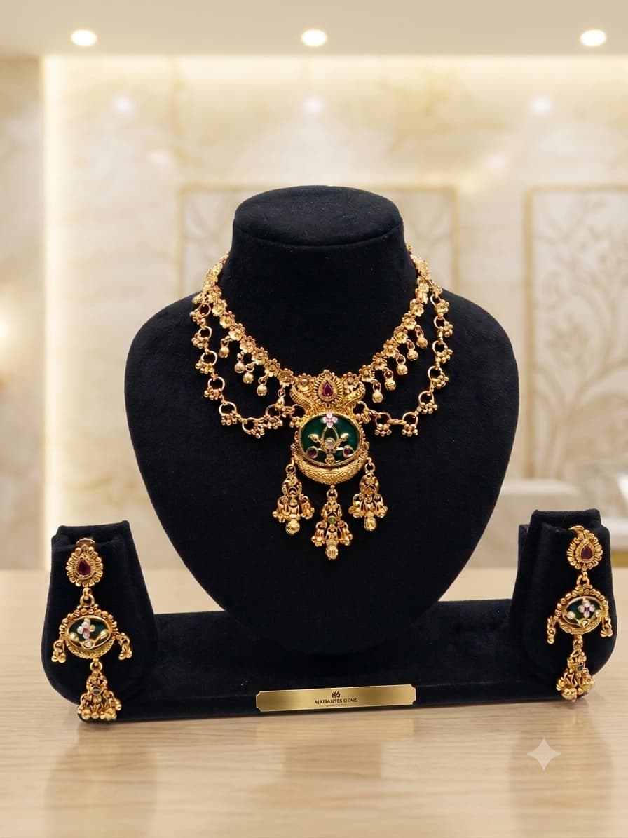 Gold Nakshi Temple Necklace & Earring Set with Green Enamel