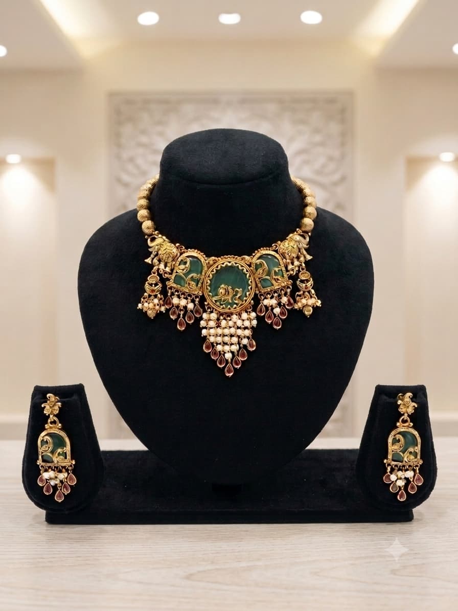 Gajraj Temple Necklace & Earring Set with Green Enamel & Pearl Drops