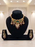 Gajraj Temple Necklace & Earring Set with Green Enamel & Pearl Drops