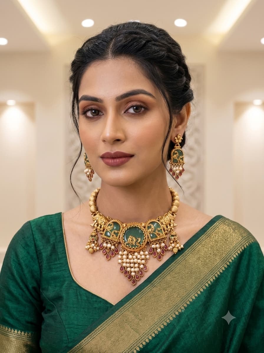 Gajraj Temple Necklace & Earring Set with Green Enamel & Pearl Drops