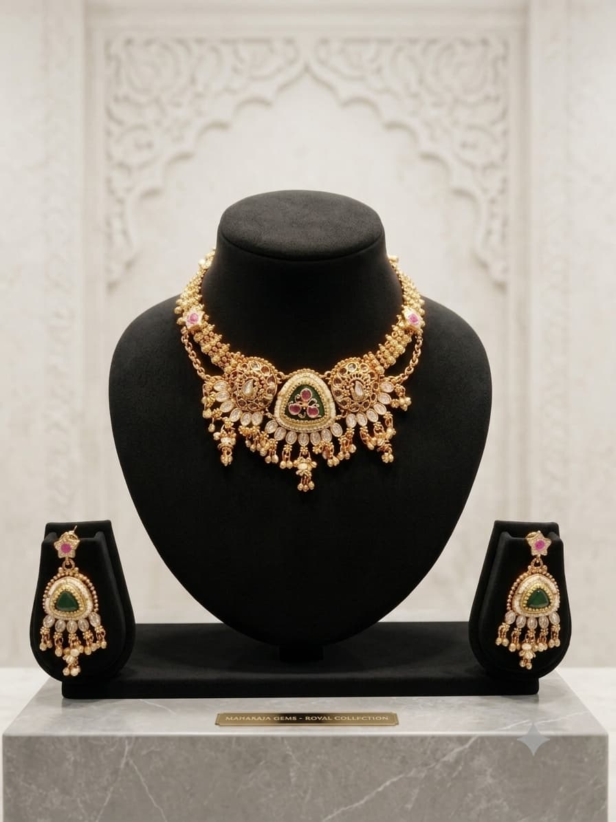 Polki Meenakari Choker Necklace & Earring Set with Pearl Drops