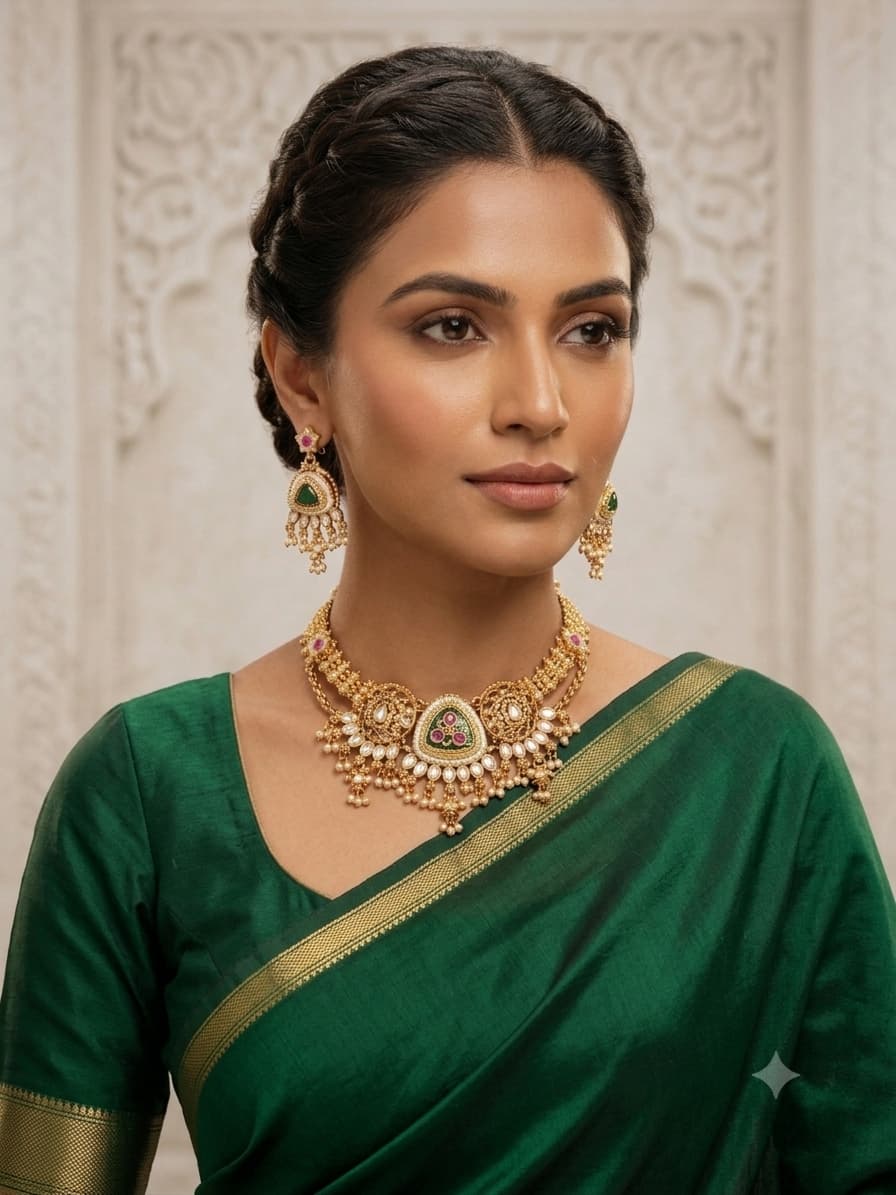 Polki Meenakari Choker Necklace & Earring Set with Pearl Drops