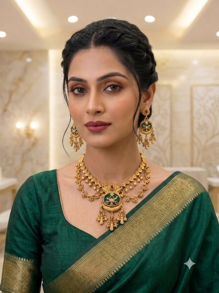 Gold Nakshi Temple Necklace & Earring Set with Green Enamel