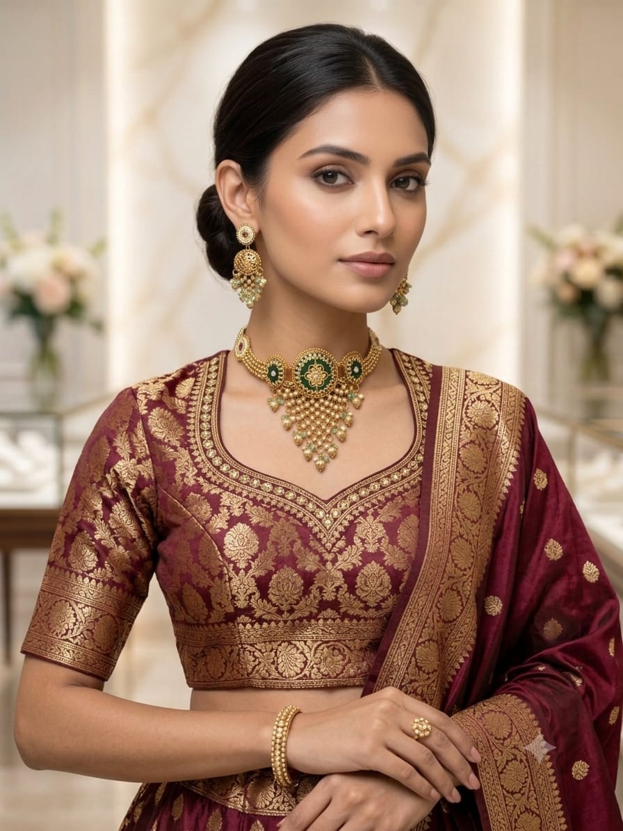 Antique Gold Choker Necklace Set with Meenakari & Jhumki Earrings