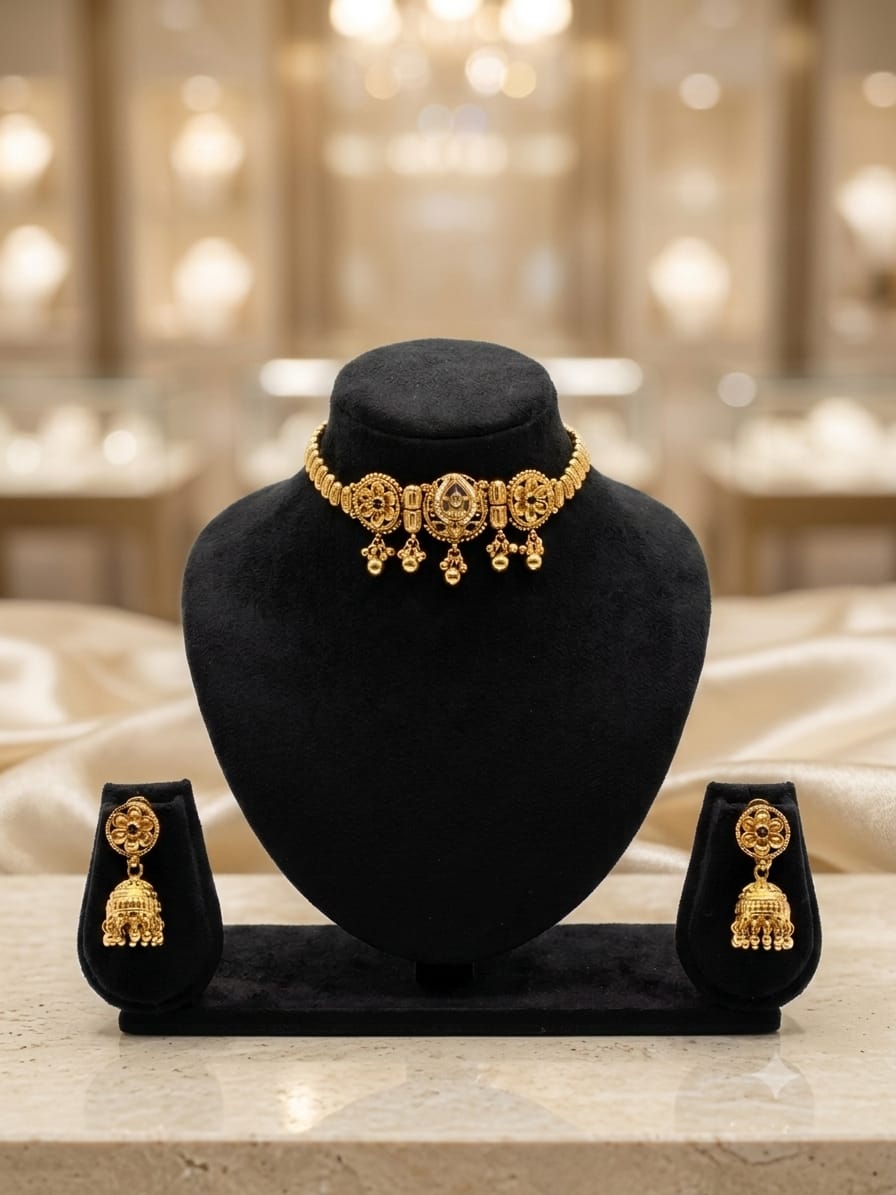 Antique Gold Temple Choker Necklace Set with Jhumki Earrings