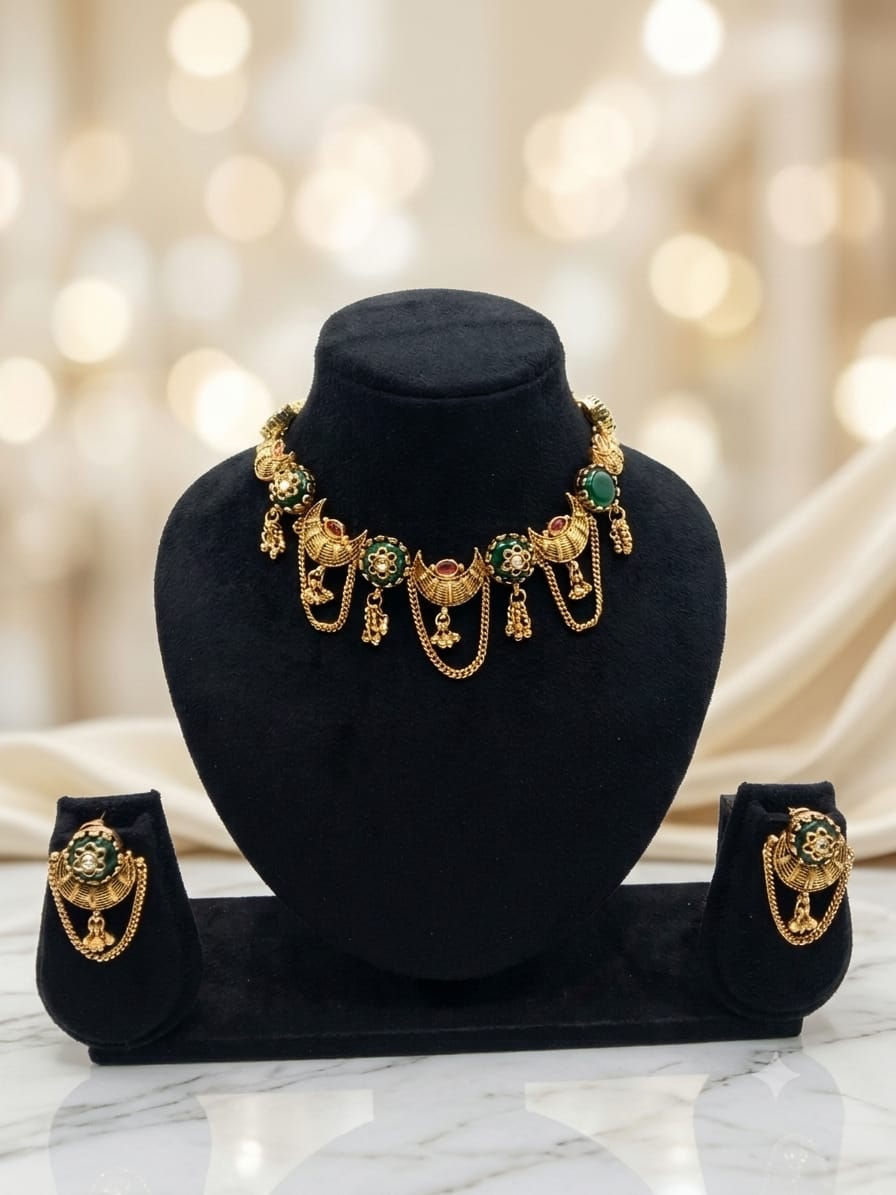 Antique Gold Meenakari Necklace Set with Green Stone & Chain Drop Earrings