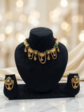 Antique Gold Meenakari Necklace Set with Green Stone & Chain Drop Earrings