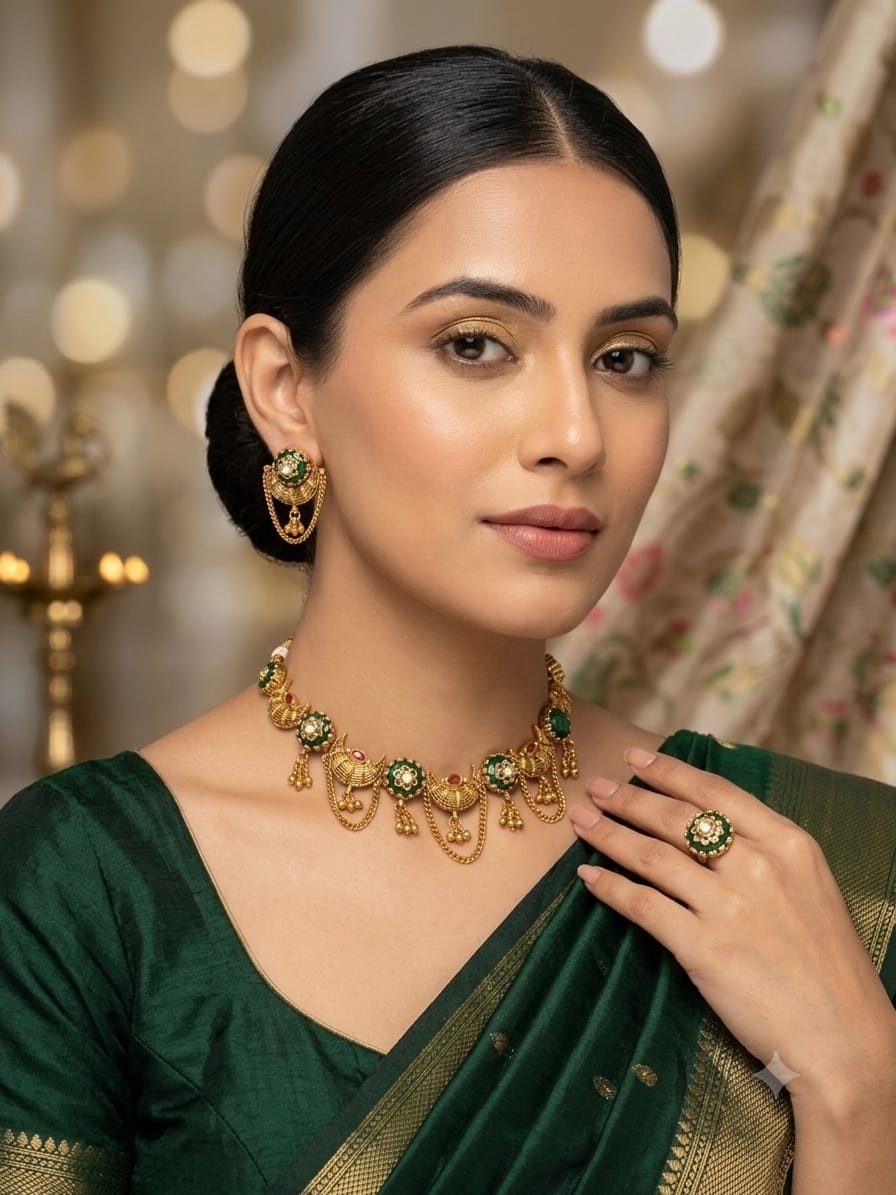 Antique Gold Meenakari Necklace Set with Green Stone & Chain Drop Earrings