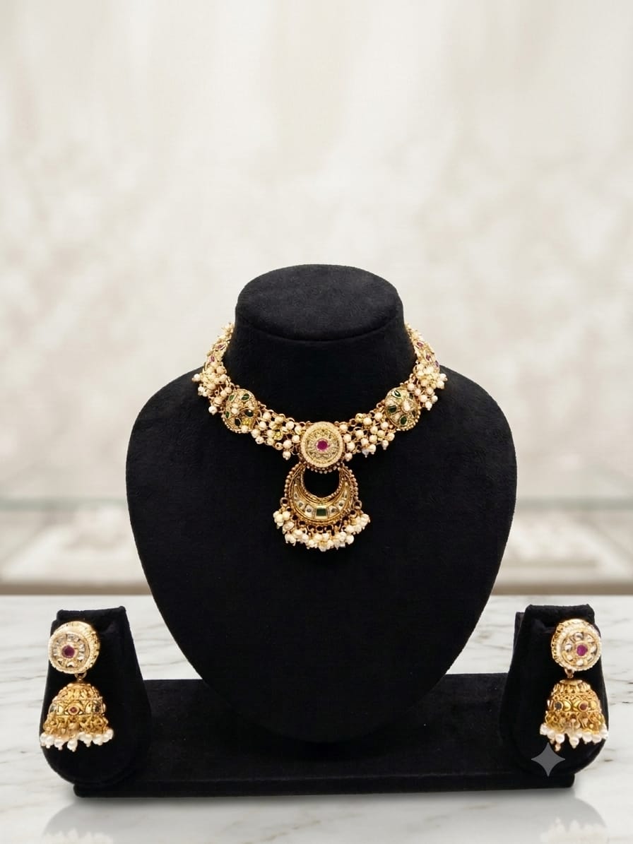 Antique Gold Chandbali Choker Necklace Set with Pearl Drops & Jhumki Earrings