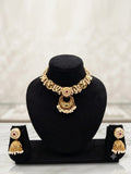 Antique Gold Chandbali Choker Necklace Set with Pearl Drops & Jhumki Earrings