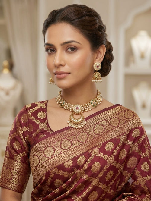 Antique Gold Chandbali Choker Necklace Set with Pearl Drops & Jhumki Earrings