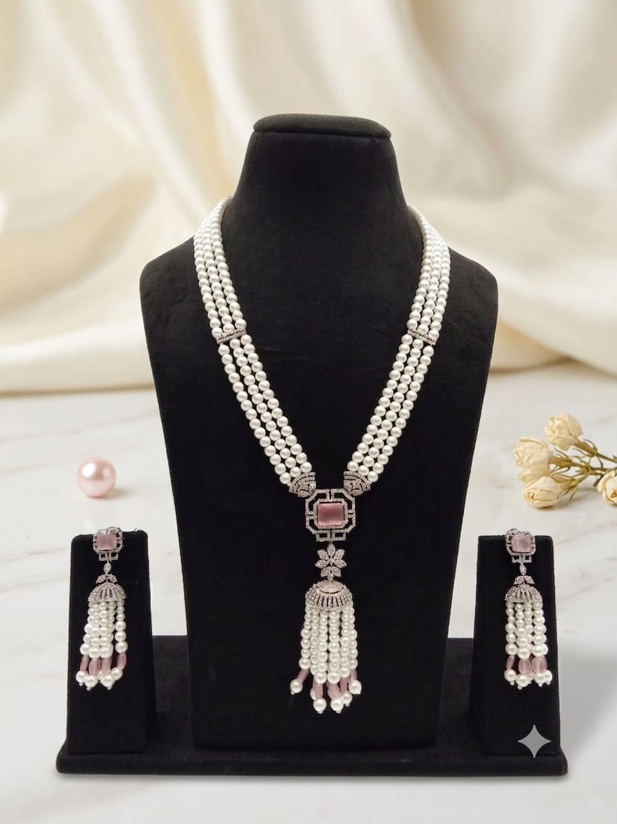 Pearl & CZ Tassel Necklace Set with Jhumka Earrings