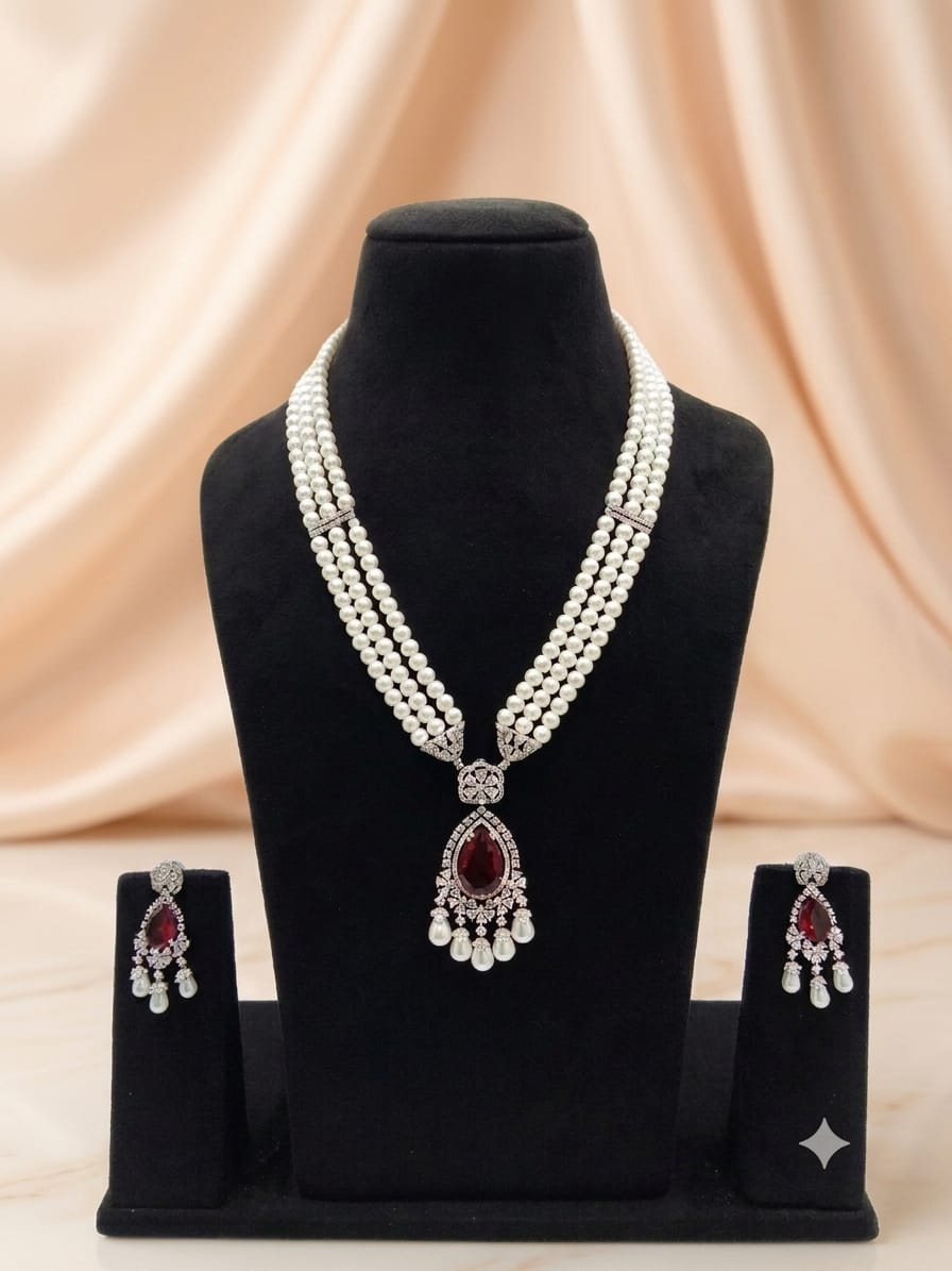 Pearl & Ruby CZ Teardrop Necklace Set with Drop Earrings