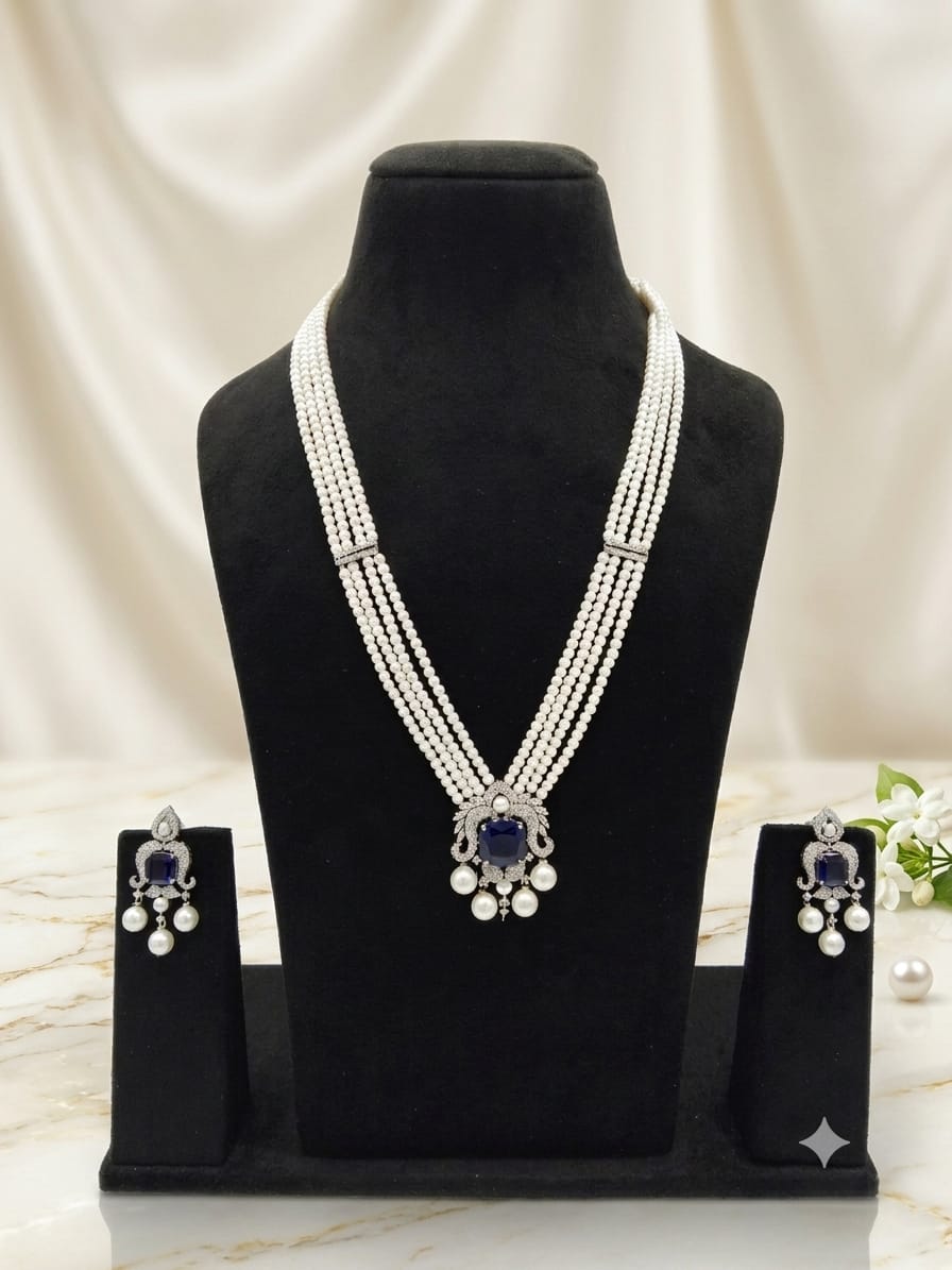 Pearl & Sapphire CZ Pendant Necklace Set with Chandelier Earrings