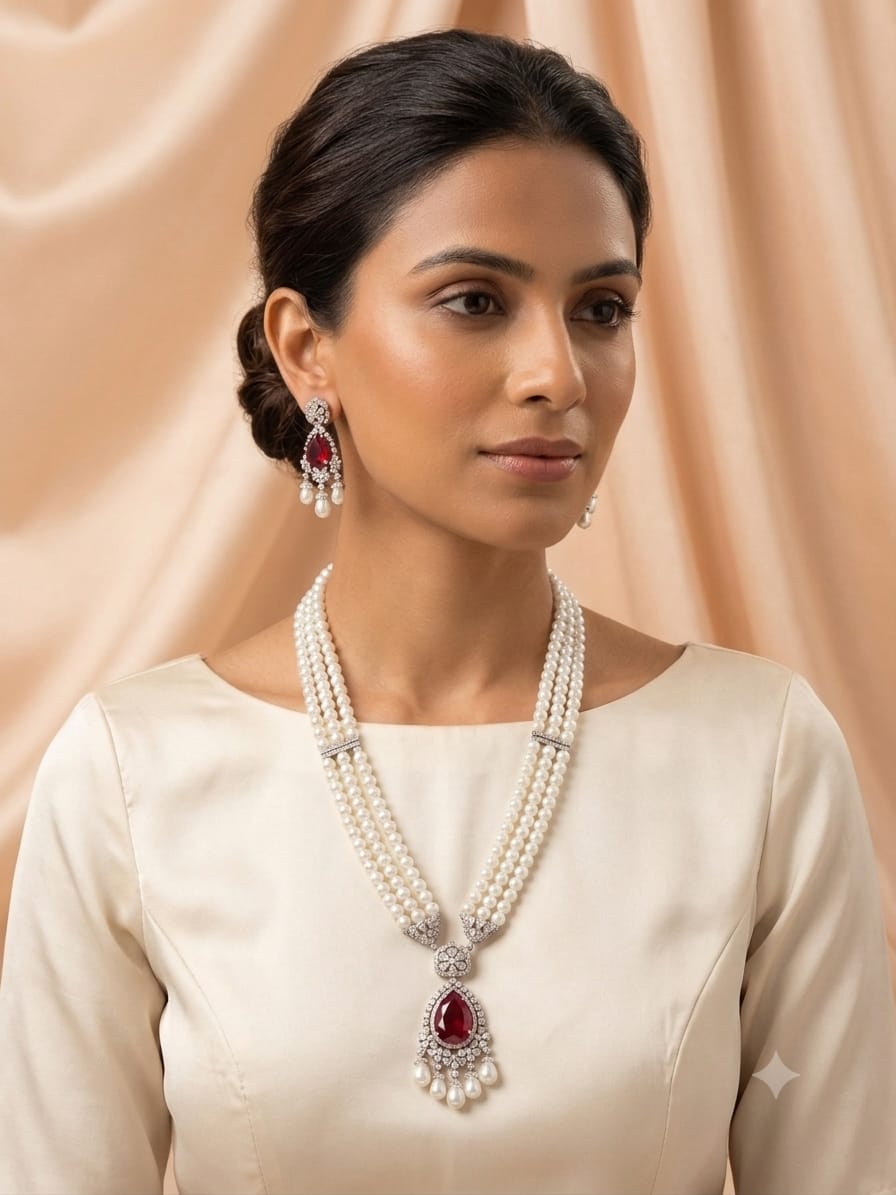 Pearl & Ruby CZ Teardrop Necklace Set with Drop Earrings