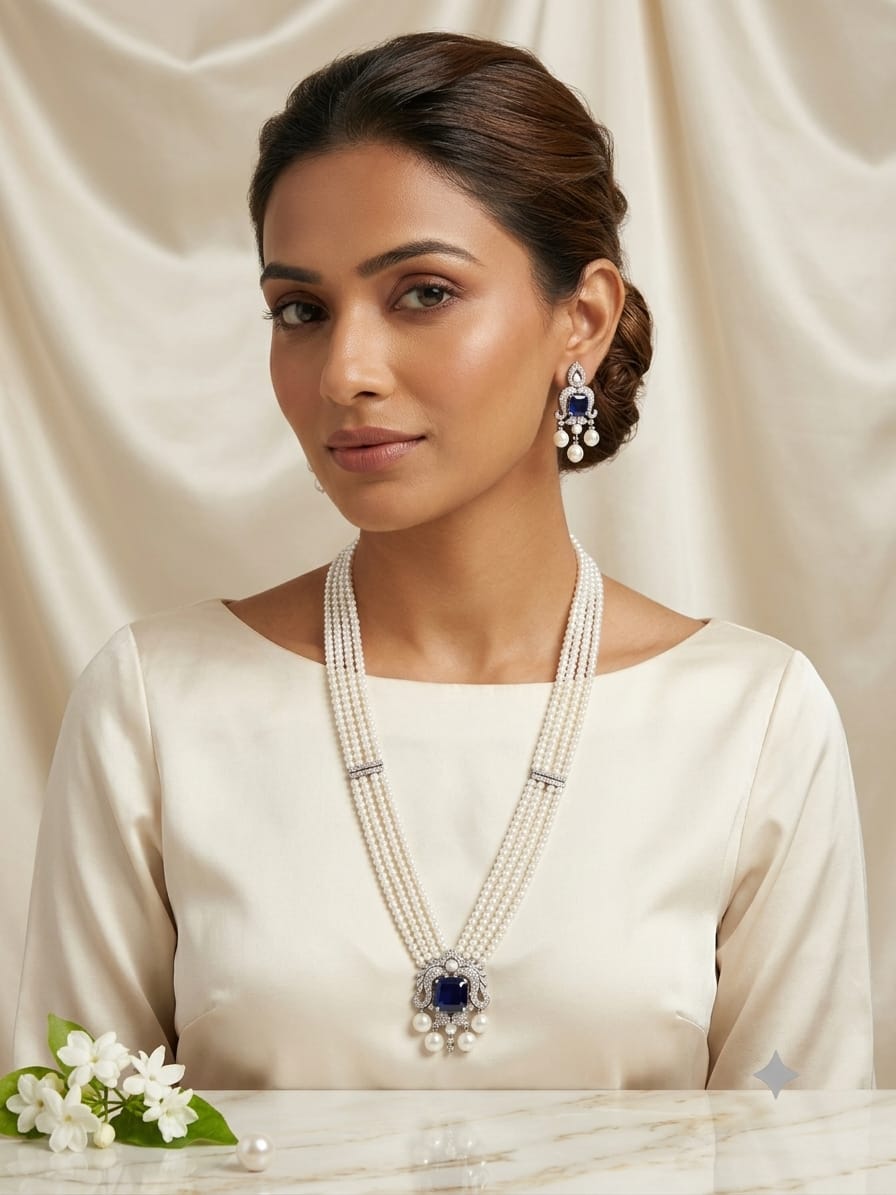 Pearl & Sapphire CZ Pendant Necklace Set with Chandelier Earrings