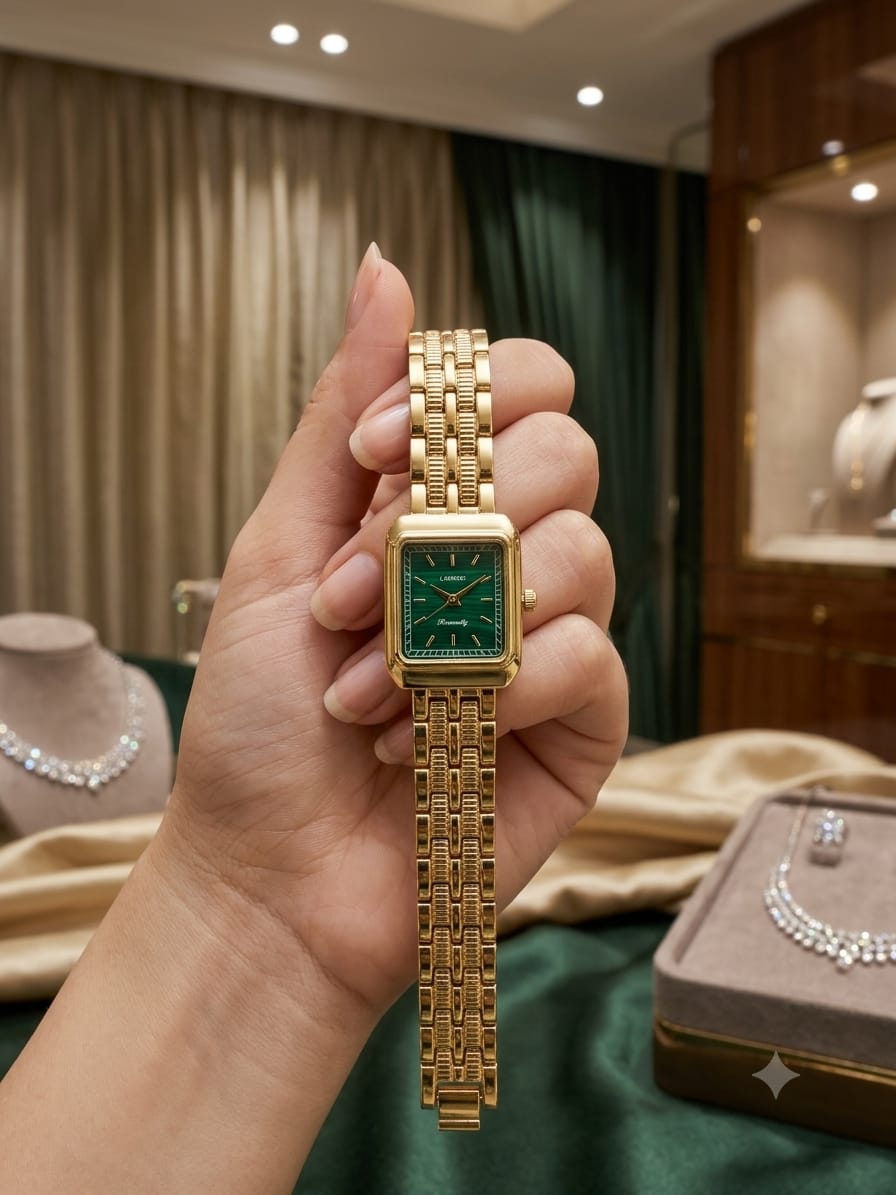 Gold-Tone Rectangular Women's Watch – Emerald Green Dial