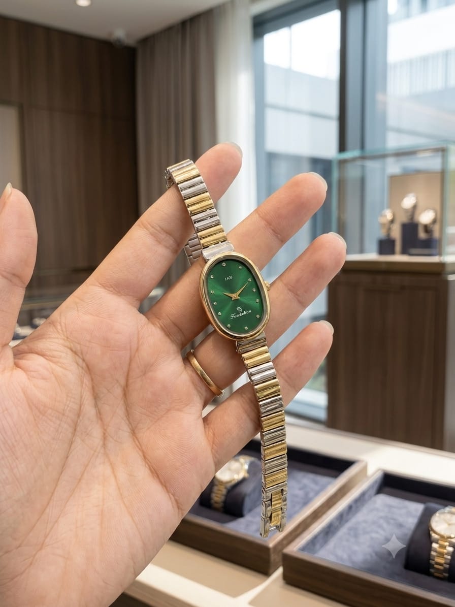 Two-Tone Oval Women's Watch – Emerald Green Dial