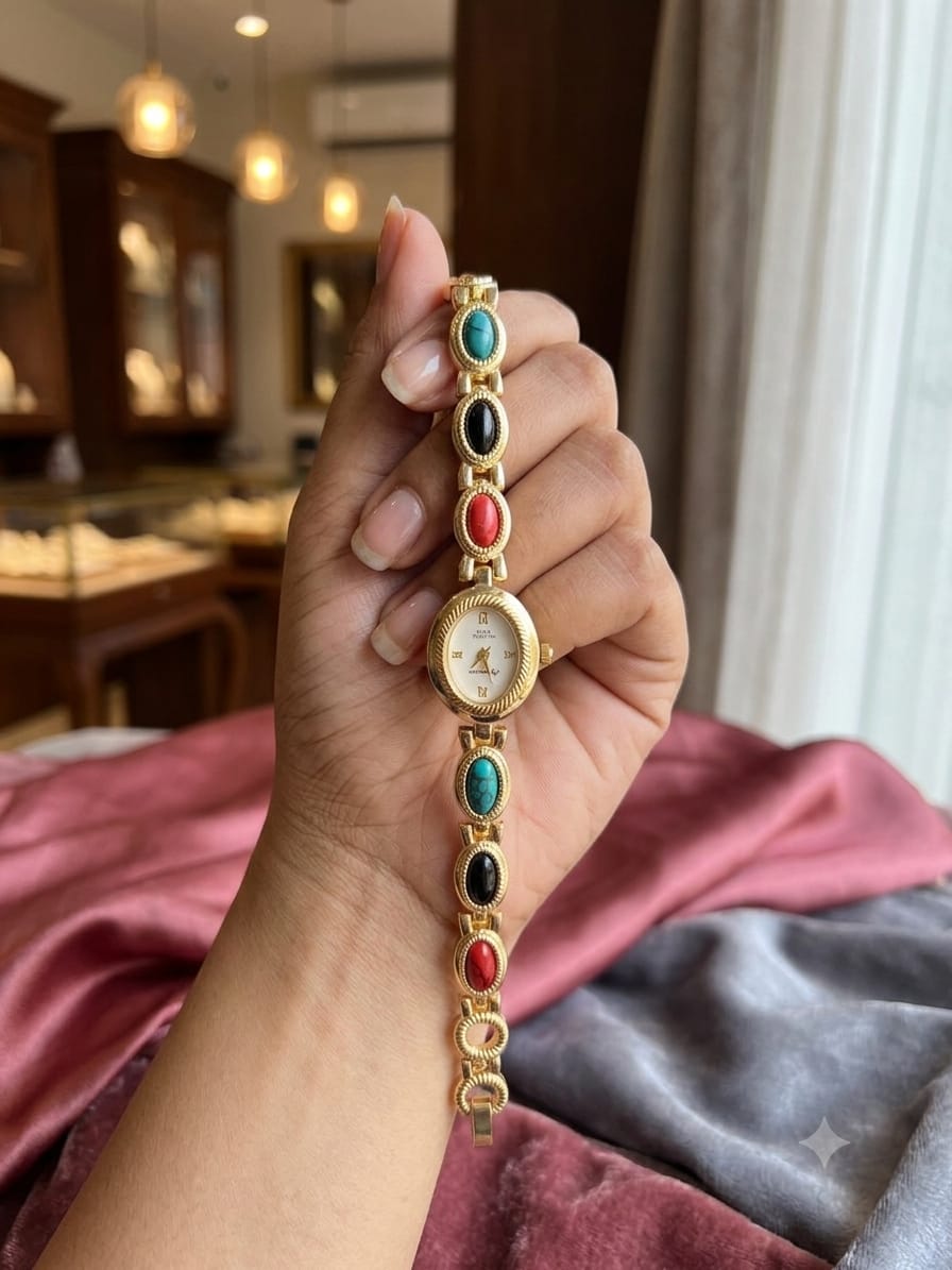 Gold Multi-Stone Oval Women's Watch – Turquoise, Coral & Onyx