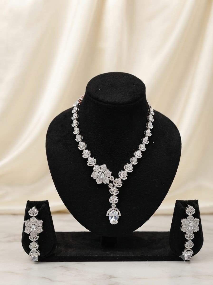 Silver CZ Floral Necklace & Earrings Set