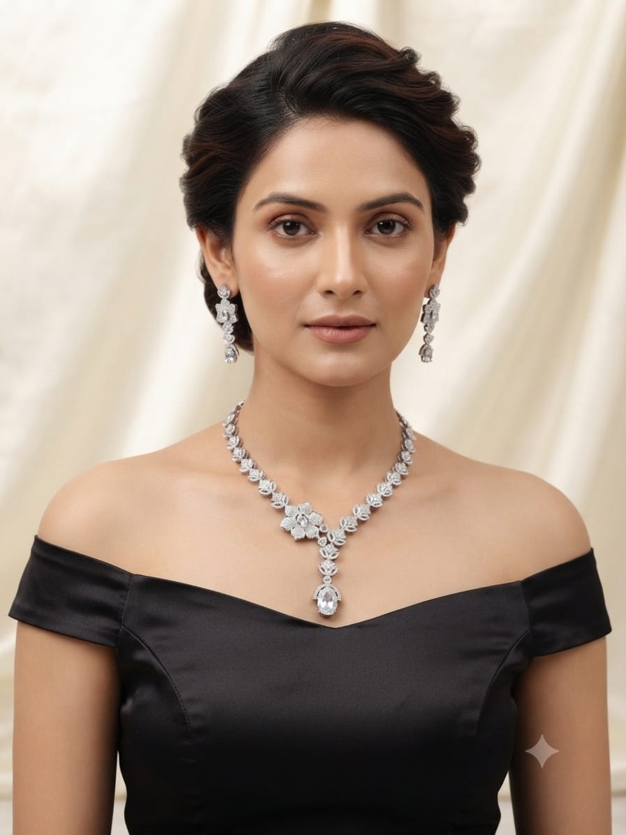 Silver CZ Floral Necklace & Earrings Set