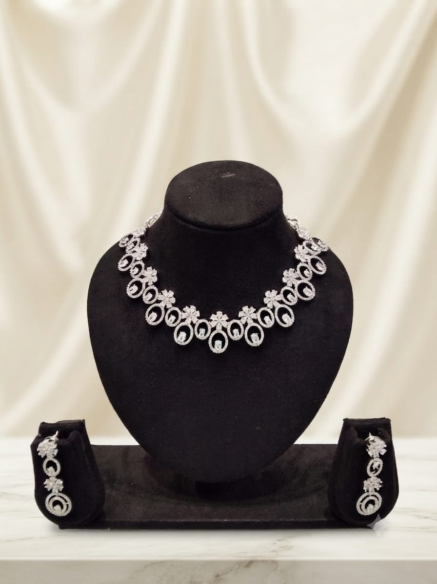 Silver CZ Oval & Floral Necklace Set with Earrings