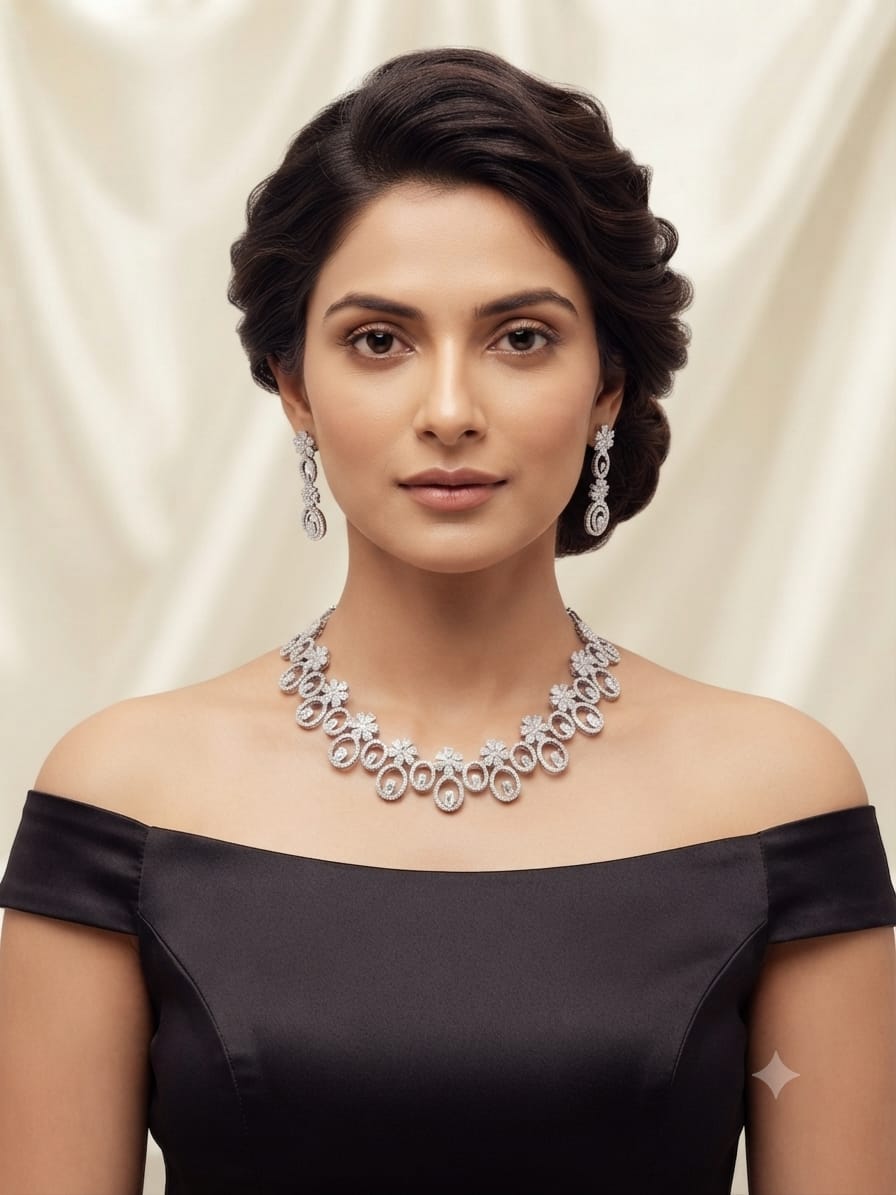 Silver CZ Oval & Floral Necklace Set with Earrings