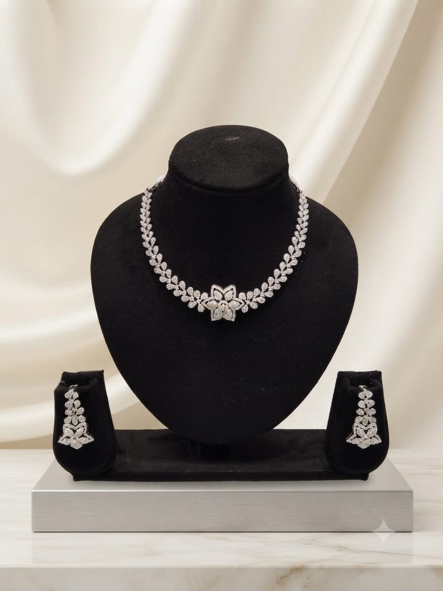 Silver CZ Leaf & Floral Necklace Set with Earrings