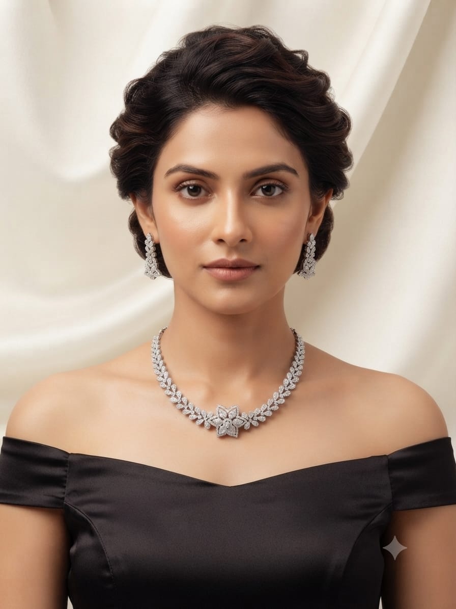 Silver CZ Leaf & Floral Necklace Set with Earrings
