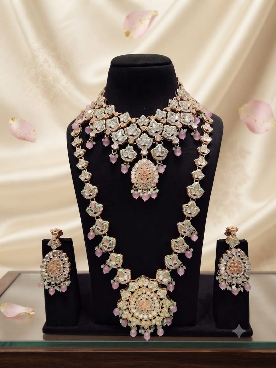 Floral Kundan Bridal Jewellery Set with Blush Pink Drops