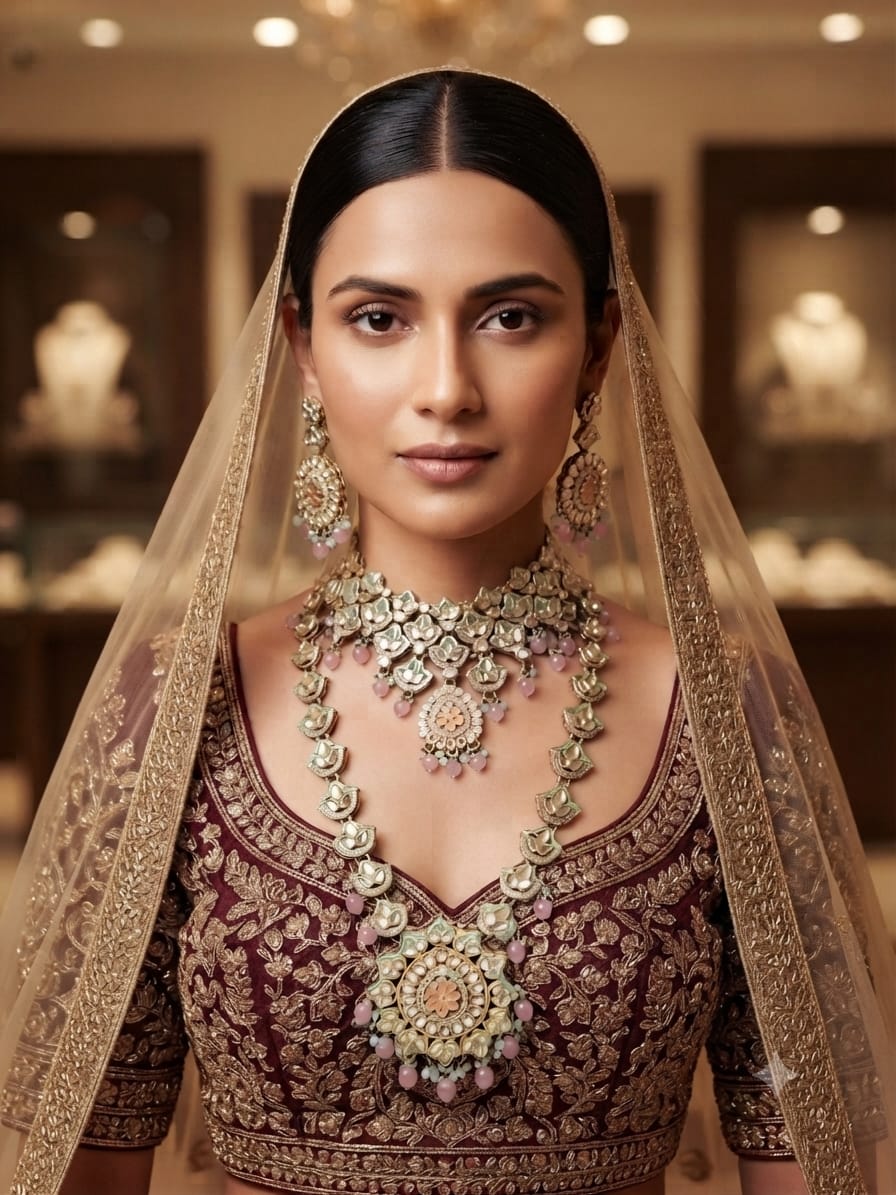 Floral Kundan Bridal Jewellery Set with Blush Pink Drops