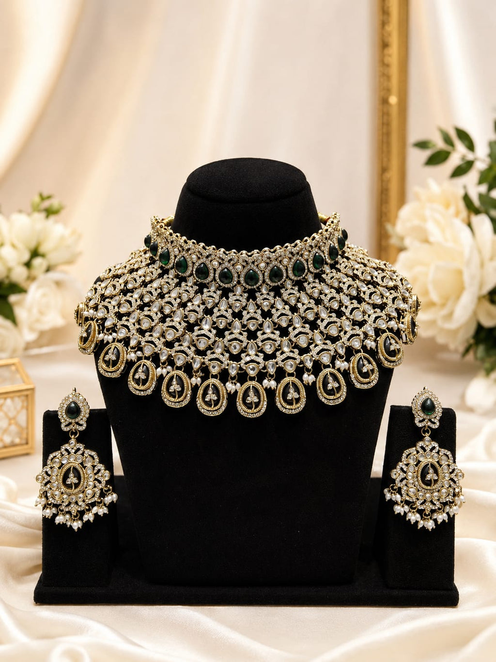 Emerald Kundan Bridal Choker Set with Earrings