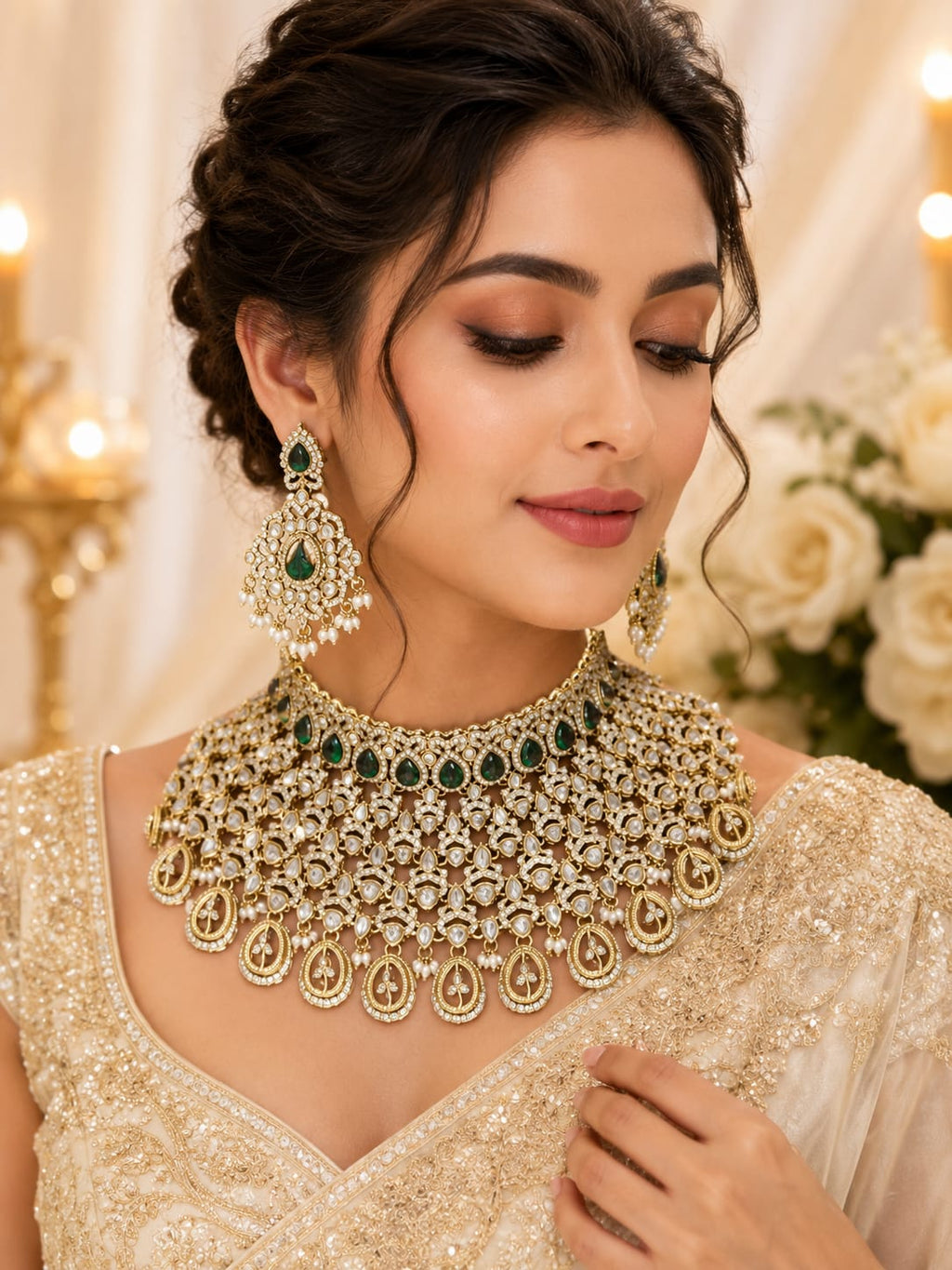 Emerald Kundan Bridal Choker Set with Earrings