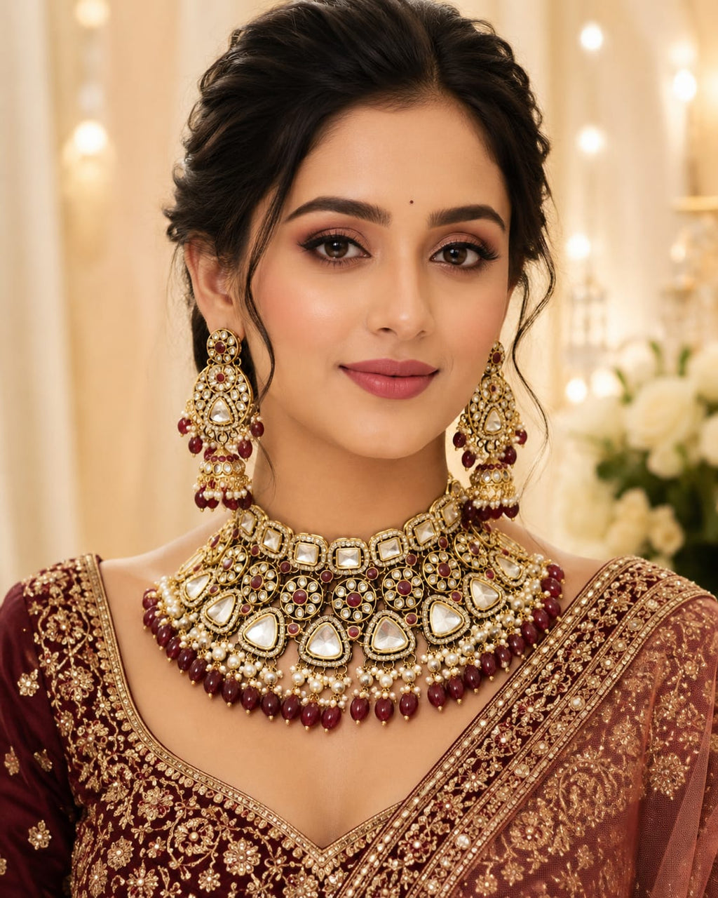 Ruby Kundan Bridal Choker Set with Jhumka Earrings